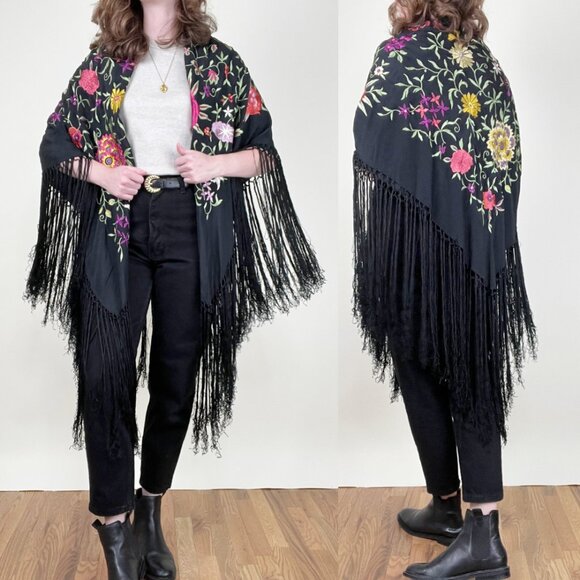 Vintage Accessories - Vintage Piano Shawl Embroidered Floral Silk Fringe Witchy Boho Bohemian Manila